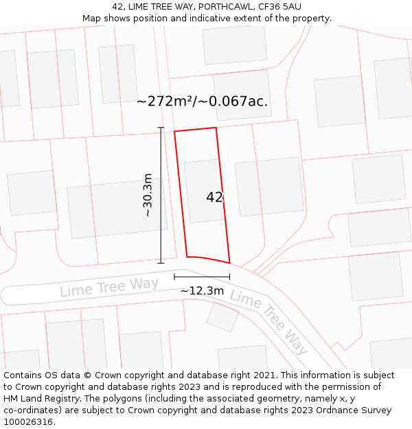 42, LIME TREE WAY, PORTHCAWL, CF36 5AU: Plot and title map