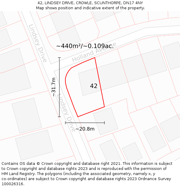 42, LINDSEY DRIVE, CROWLE, SCUNTHORPE, DN17 4NY: Plot and title map
