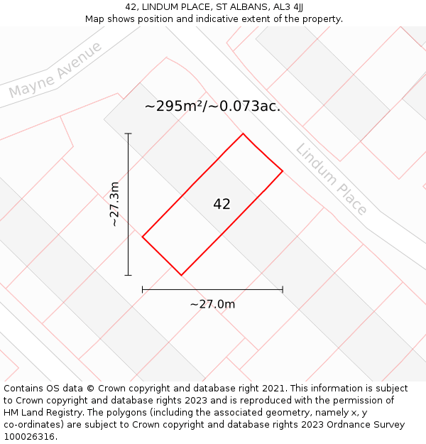 42, LINDUM PLACE, ST ALBANS, AL3 4JJ: Plot and title map