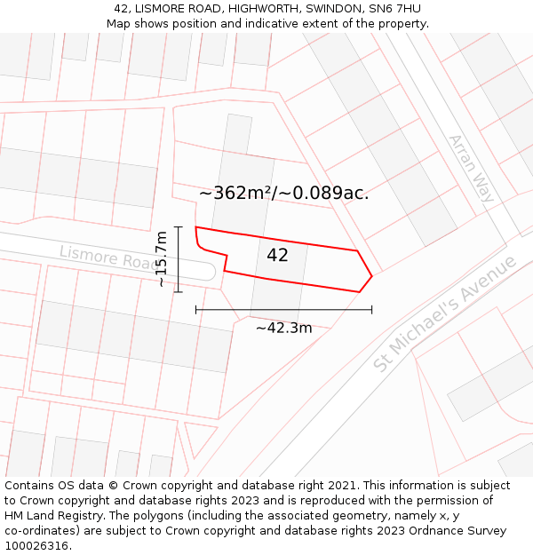 42, LISMORE ROAD, HIGHWORTH, SWINDON, SN6 7HU: Plot and title map