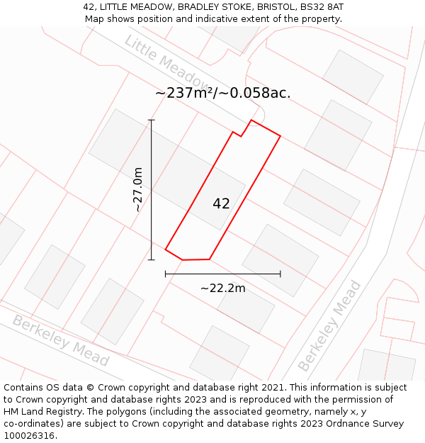 42, LITTLE MEADOW, BRADLEY STOKE, BRISTOL, BS32 8AT: Plot and title map