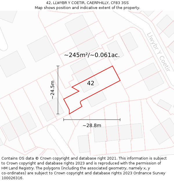 42, LLWYBR Y COETIR, CAERPHILLY, CF83 3SS: Plot and title map