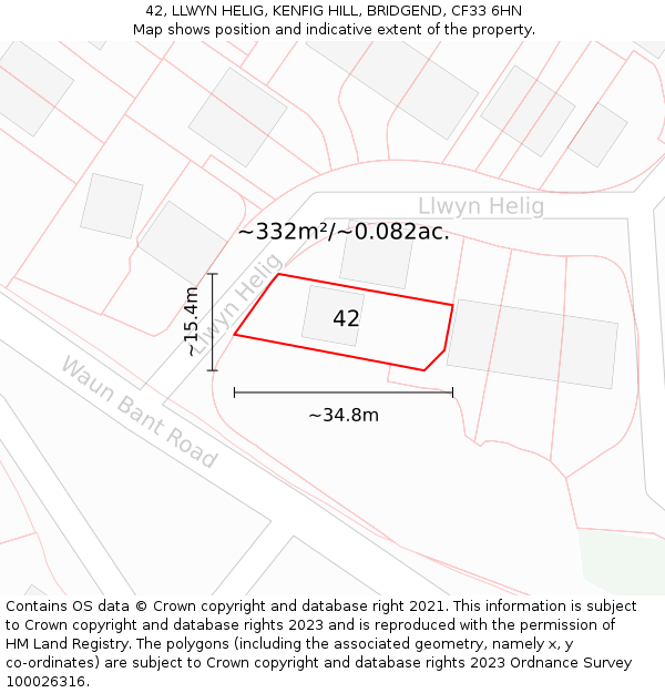 42, LLWYN HELIG, KENFIG HILL, BRIDGEND, CF33 6HN: Plot and title map