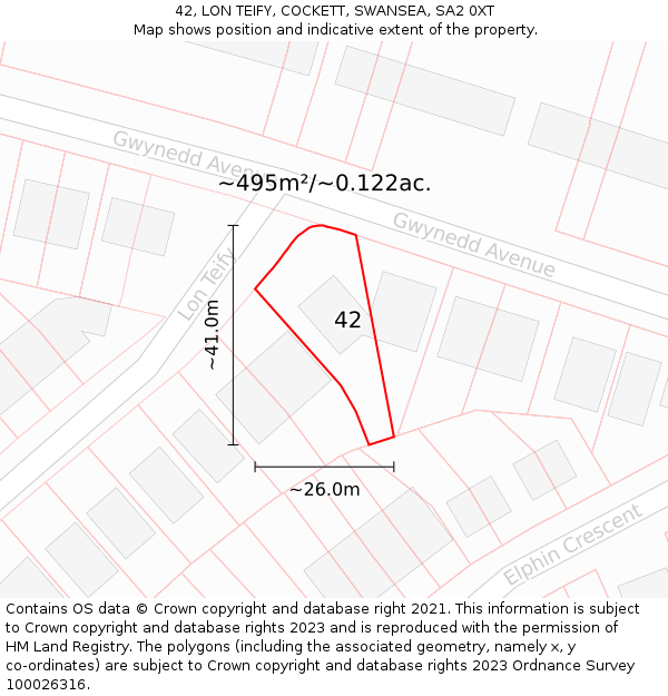42, LON TEIFY, COCKETT, SWANSEA, SA2 0XT: Plot and title map