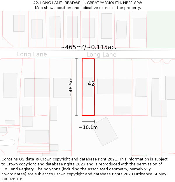 42, LONG LANE, BRADWELL, GREAT YARMOUTH, NR31 8PW: Plot and title map