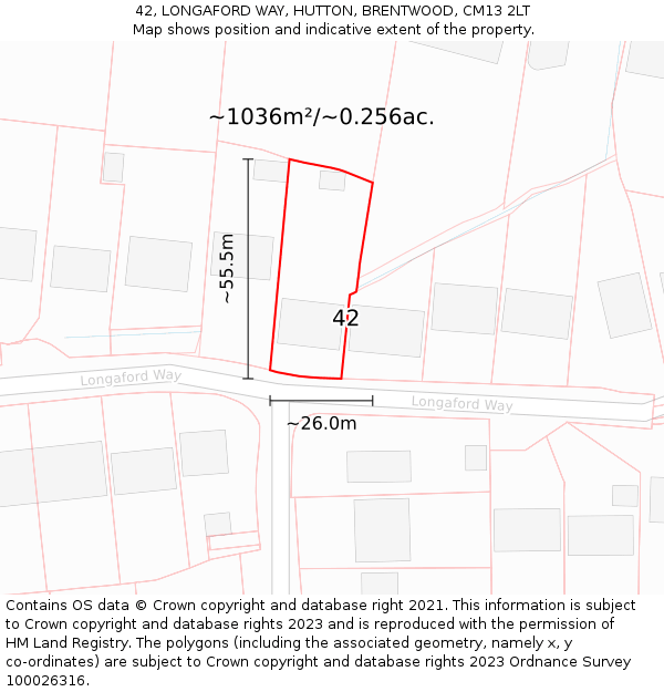 42, LONGAFORD WAY, HUTTON, BRENTWOOD, CM13 2LT: Plot and title map