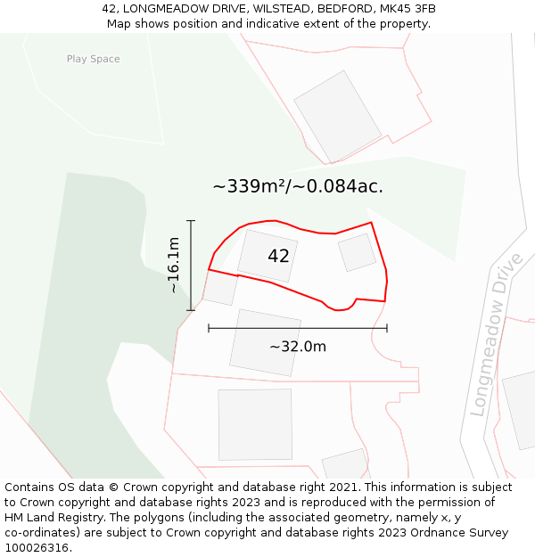 42, LONGMEADOW DRIVE, WILSTEAD, BEDFORD, MK45 3FB: Plot and title map