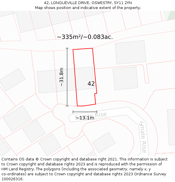 42, LONGUEVILLE DRIVE, OSWESTRY, SY11 2YN: Plot and title map