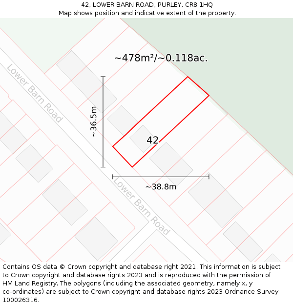 42, LOWER BARN ROAD, PURLEY, CR8 1HQ: Plot and title map