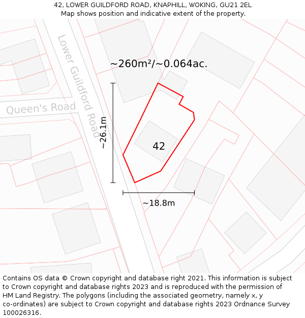 42, LOWER GUILDFORD ROAD, KNAPHILL, WOKING, GU21 2EL: Plot and title map