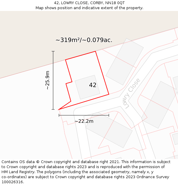 42, LOWRY CLOSE, CORBY, NN18 0QT: Plot and title map