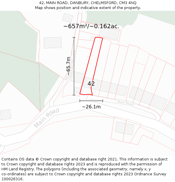 42, MAIN ROAD, DANBURY, CHELMSFORD, CM3 4NQ: Plot and title map