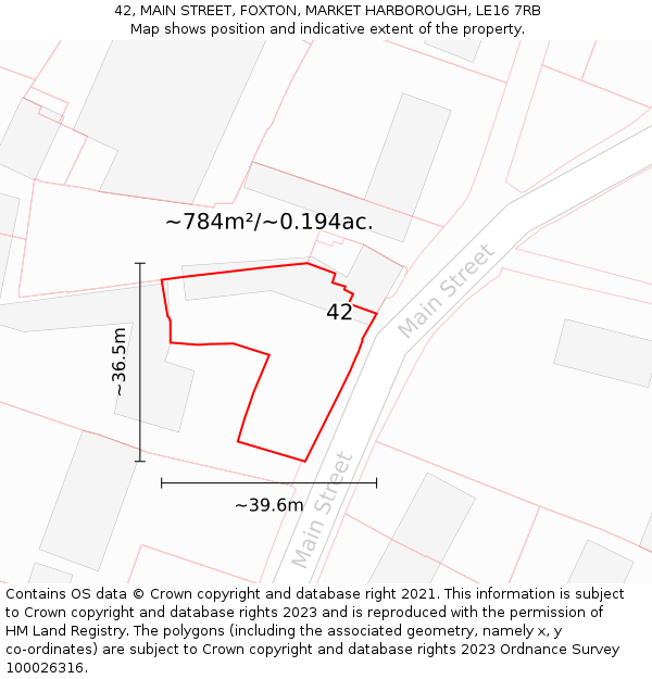 42, MAIN STREET, FOXTON, MARKET HARBOROUGH, LE16 7RB: Plot and title map