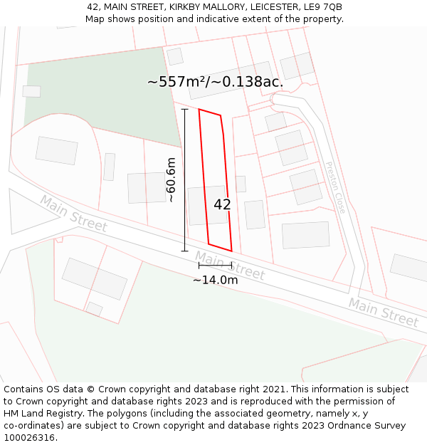 42, MAIN STREET, KIRKBY MALLORY, LEICESTER, LE9 7QB: Plot and title map