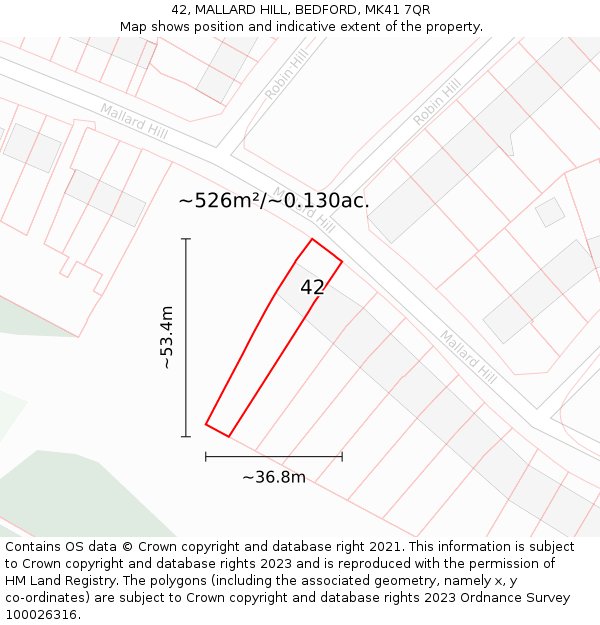 42, MALLARD HILL, BEDFORD, MK41 7QR: Plot and title map