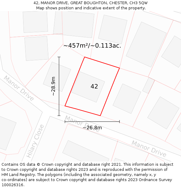 42, MANOR DRIVE, GREAT BOUGHTON, CHESTER, CH3 5QW: Plot and title map