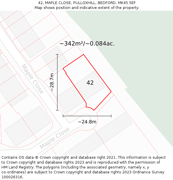 42, MAPLE CLOSE, PULLOXHILL, BEDFORD, MK45 5EF: Plot and title map