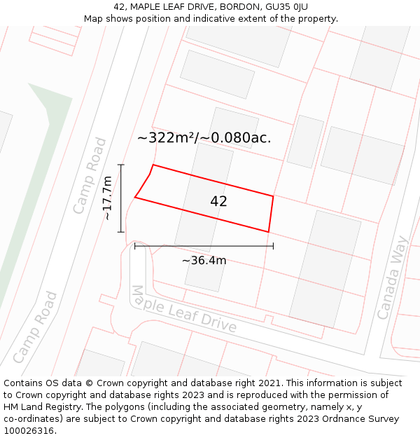 42, MAPLE LEAF DRIVE, BORDON, GU35 0JU: Plot and title map