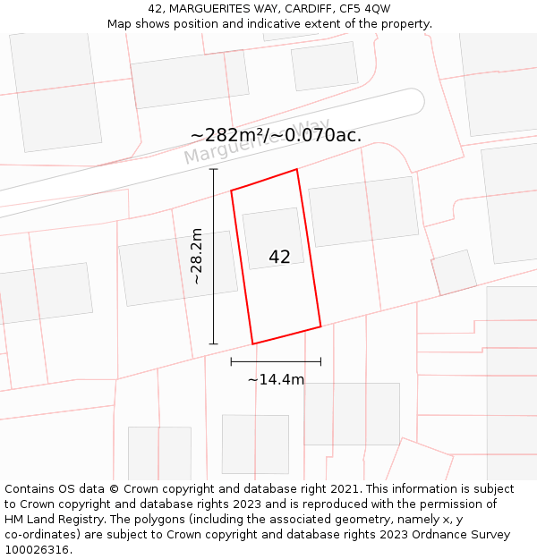 42, MARGUERITES WAY, CARDIFF, CF5 4QW: Plot and title map