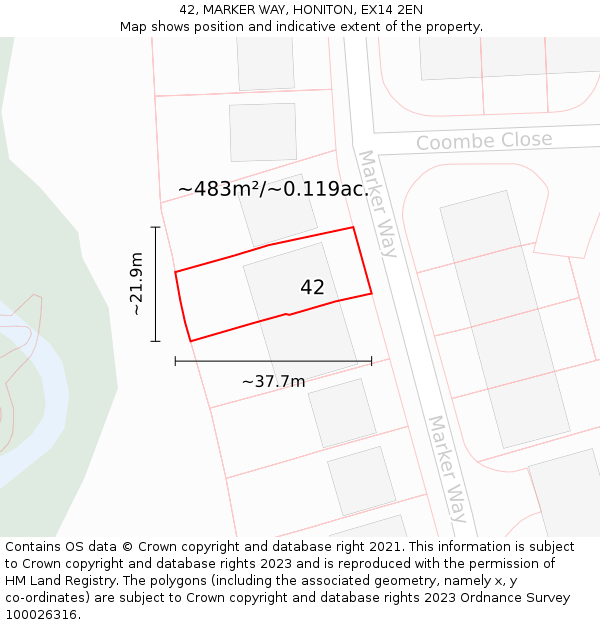 42, MARKER WAY, HONITON, EX14 2EN: Plot and title map