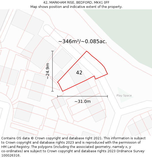 42, MARKHAM RISE, BEDFORD, MK41 0FF: Plot and title map