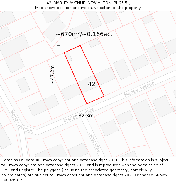 42, MARLEY AVENUE, NEW MILTON, BH25 5LJ: Plot and title map