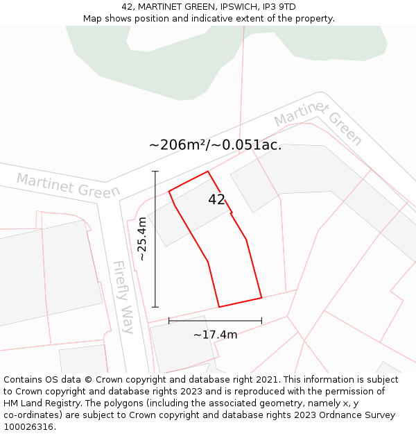 42, MARTINET GREEN, IPSWICH, IP3 9TD: Plot and title map