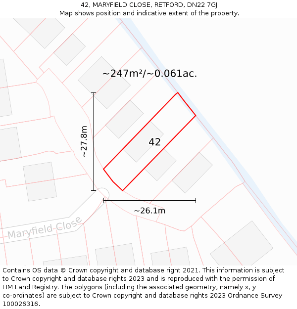 42, MARYFIELD CLOSE, RETFORD, DN22 7GJ: Plot and title map