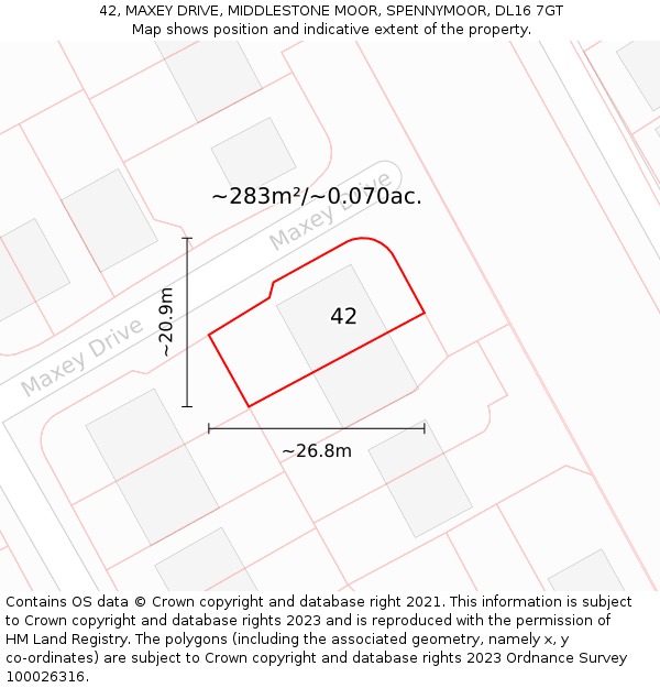 42, MAXEY DRIVE, MIDDLESTONE MOOR, SPENNYMOOR, DL16 7GT: Plot and title map