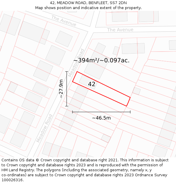 42, MEADOW ROAD, BENFLEET, SS7 2DN: Plot and title map