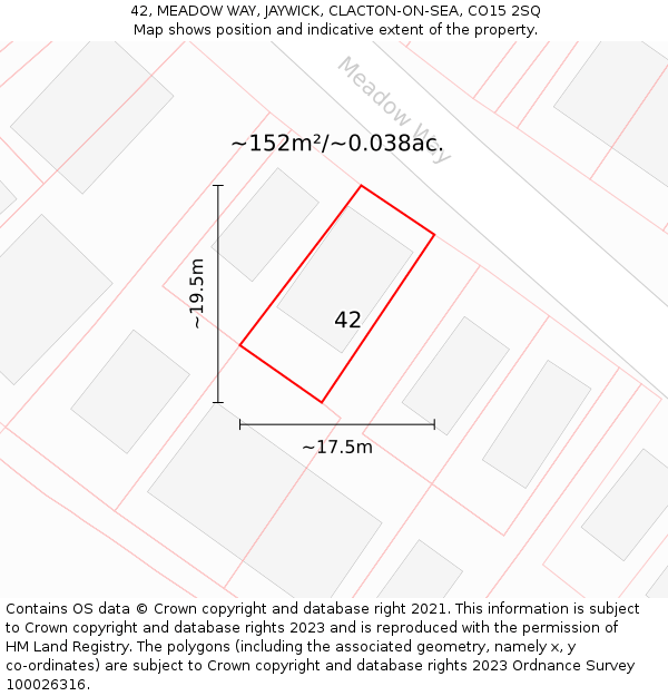 42, MEADOW WAY, JAYWICK, CLACTON-ON-SEA, CO15 2SQ: Plot and title map
