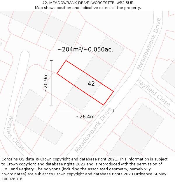 42, MEADOWBANK DRIVE, WORCESTER, WR2 5UB: Plot and title map