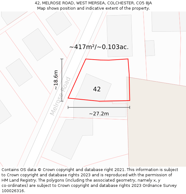 42, MELROSE ROAD, WEST MERSEA, COLCHESTER, CO5 8JA: Plot and title map