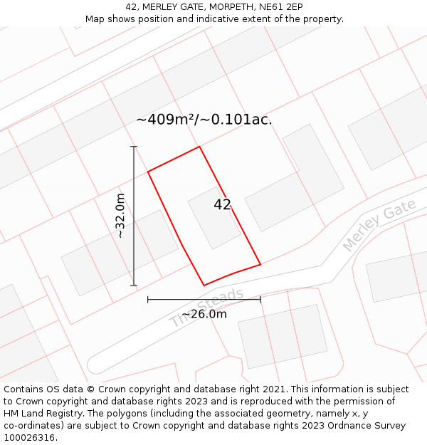 42, MERLEY GATE, MORPETH, NE61 2EP: Plot and title map