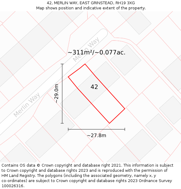 42, MERLIN WAY, EAST GRINSTEAD, RH19 3XG: Plot and title map