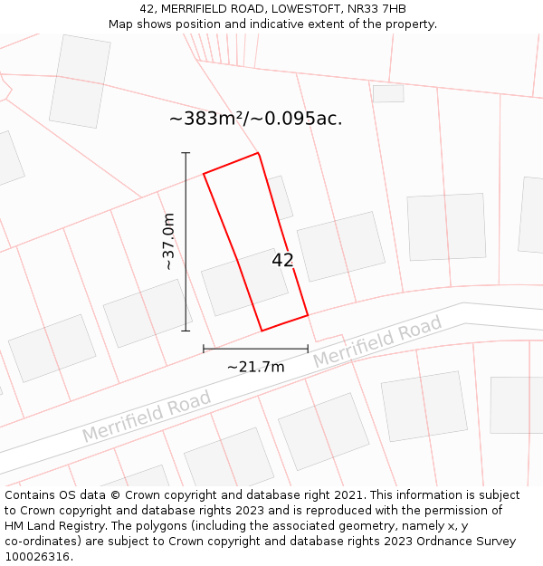 42, MERRIFIELD ROAD, LOWESTOFT, NR33 7HB: Plot and title map