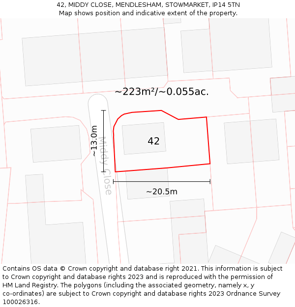 42, MIDDY CLOSE, MENDLESHAM, STOWMARKET, IP14 5TN: Plot and title map