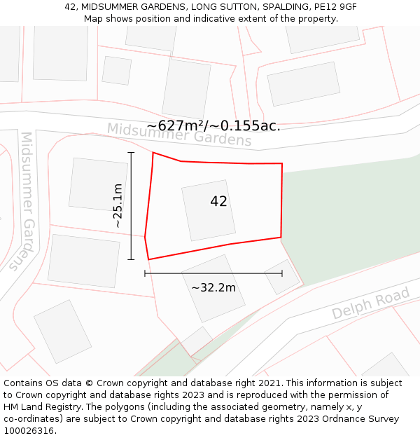 42, MIDSUMMER GARDENS, LONG SUTTON, SPALDING, PE12 9GF: Plot and title map