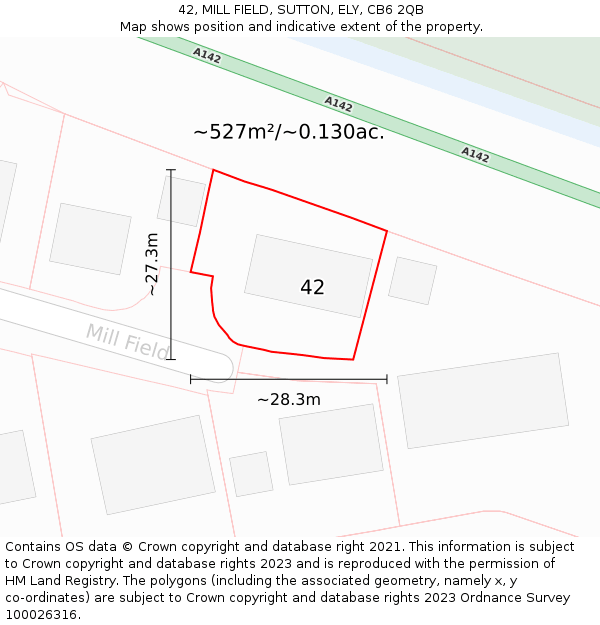 42, MILL FIELD, SUTTON, ELY, CB6 2QB: Plot and title map