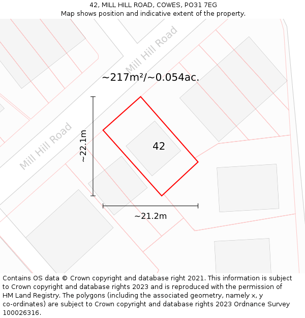 42, MILL HILL ROAD, COWES, PO31 7EG: Plot and title map