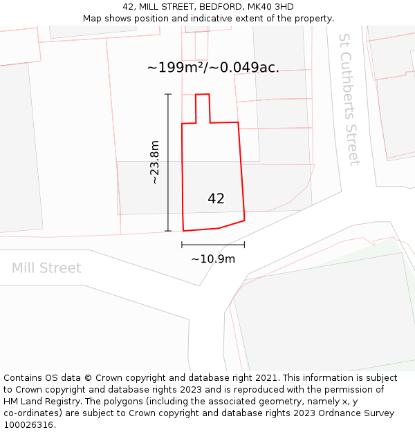 42, MILL STREET, BEDFORD, MK40 3HD: Plot and title map