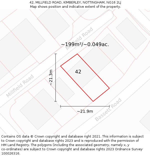 42, MILLFIELD ROAD, KIMBERLEY, NOTTINGHAM, NG16 2LJ: Plot and title map
