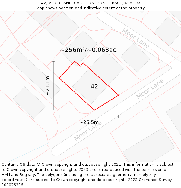 42, MOOR LANE, CARLETON, PONTEFRACT, WF8 3RX: Plot and title map