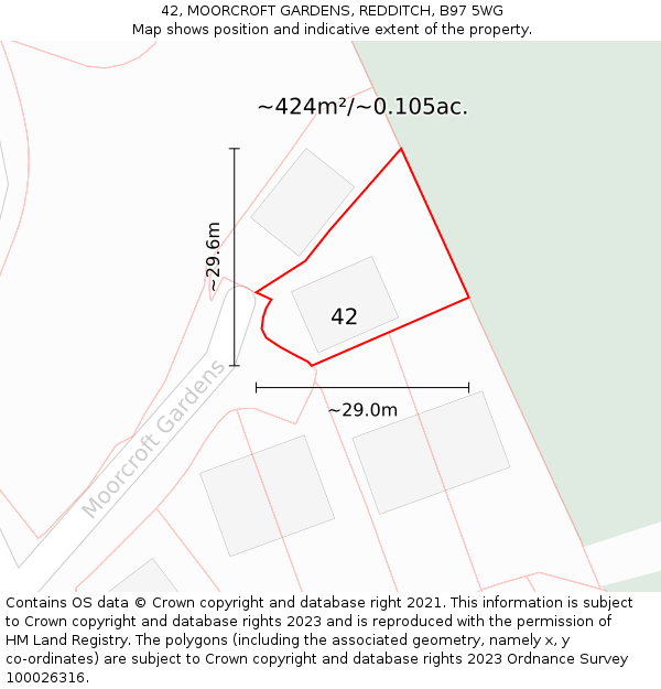 42, MOORCROFT GARDENS, REDDITCH, B97 5WG: Plot and title map