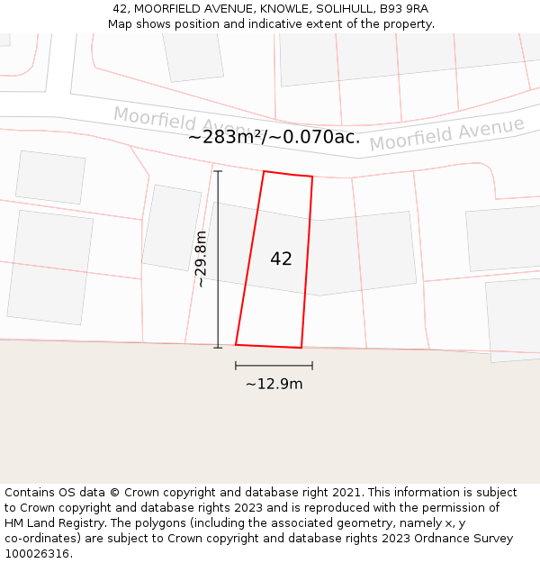 42, MOORFIELD AVENUE, KNOWLE, SOLIHULL, B93 9RA: Plot and title map