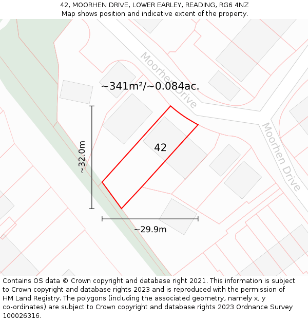 42, MOORHEN DRIVE, LOWER EARLEY, READING, RG6 4NZ: Plot and title map