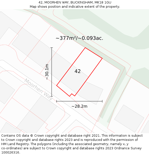 42, MOORHEN WAY, BUCKINGHAM, MK18 1GU: Plot and title map