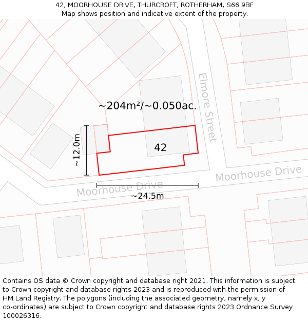 42, MOORHOUSE DRIVE, THURCROFT, ROTHERHAM, S66 9BF: Plot and title map