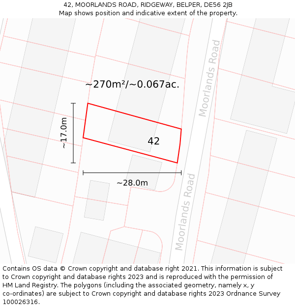 42, MOORLANDS ROAD, RIDGEWAY, BELPER, DE56 2JB: Plot and title map