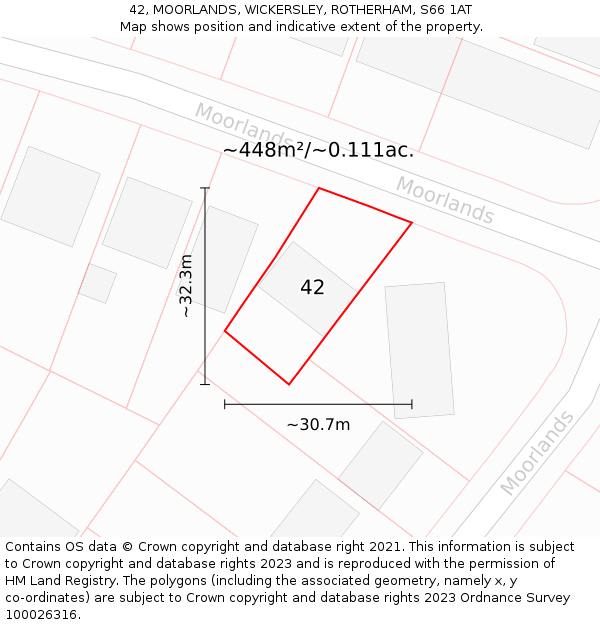 42, MOORLANDS, WICKERSLEY, ROTHERHAM, S66 1AT: Plot and title map
